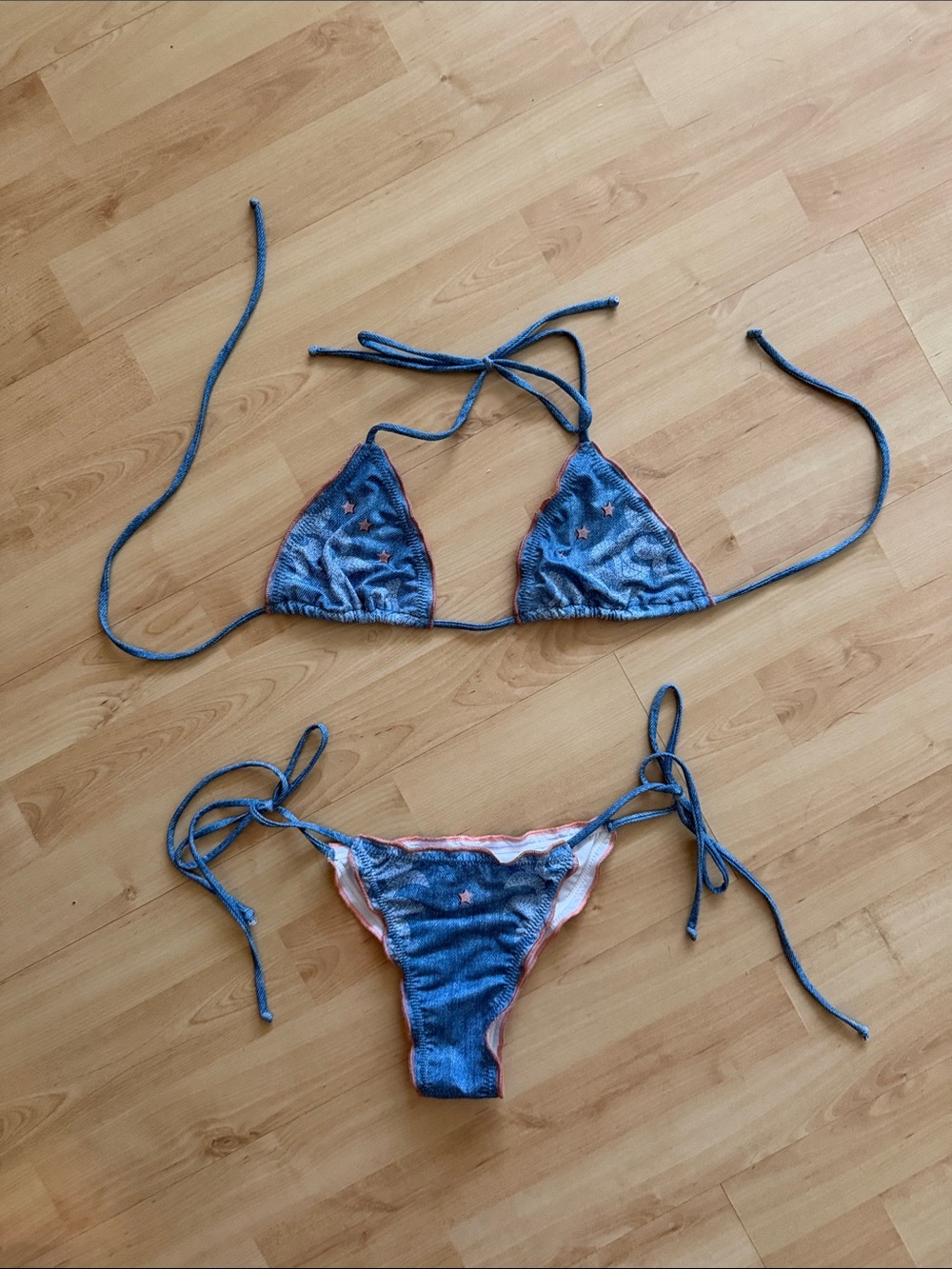 Blue Denim Print Triangle String Bikini Set